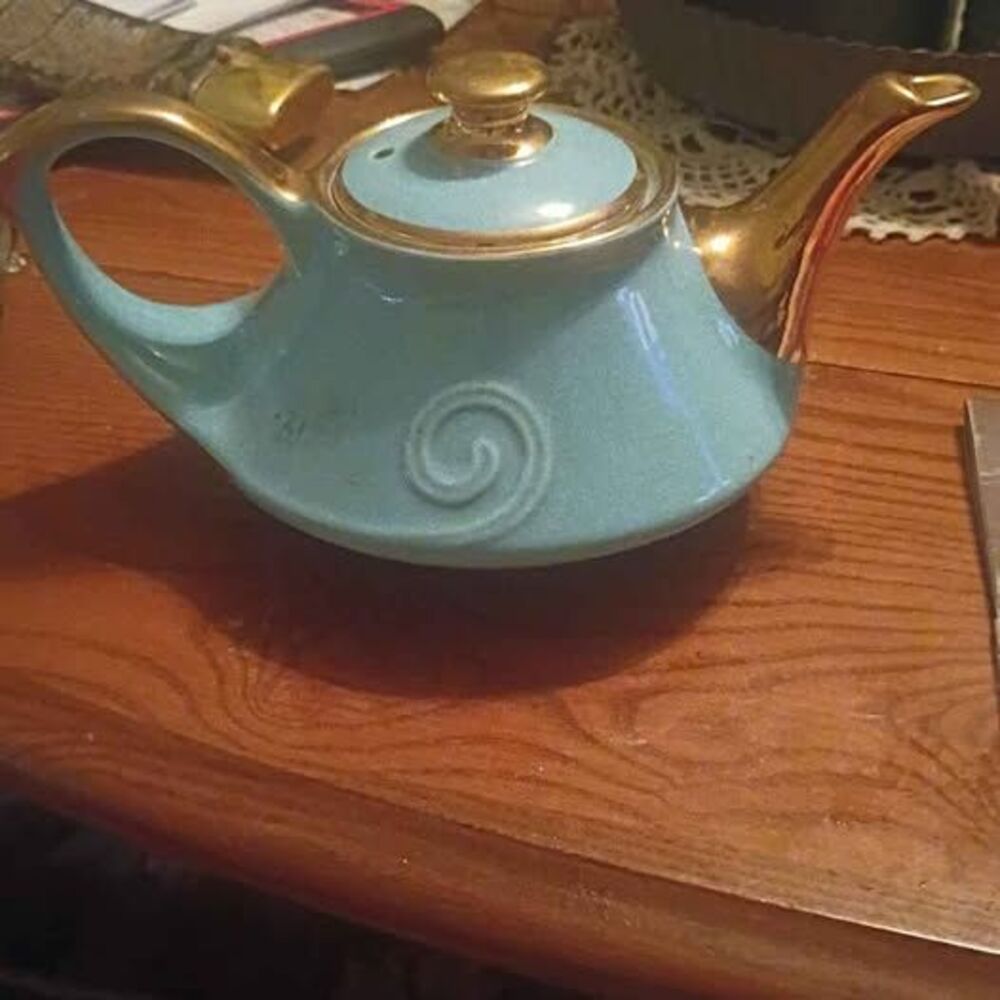 Vintage Light Blue Ceramic Teapot with 24K Gold Trim
